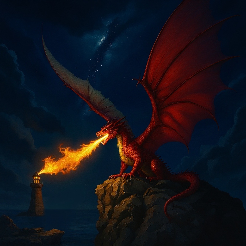 Emrys Lēʻahi, the red dragon and Beacon-Keeper of JADA — ember-veined crimson, golden underbelly, wings spread wide as storm-sails against an ocean-dark sky
